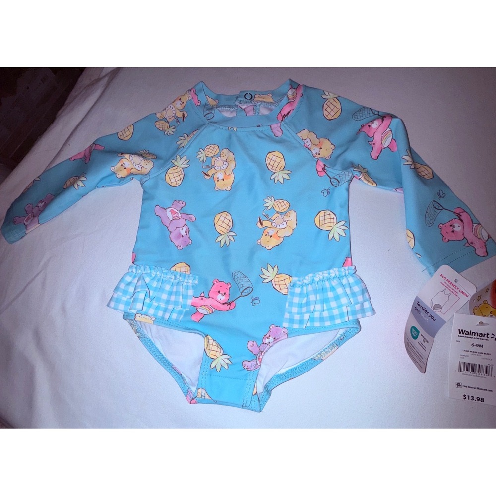Care Bears Baby Rash Guard Swimsuit Kids 6-9M Blue New UPF 50+ Ruffle Pineapple